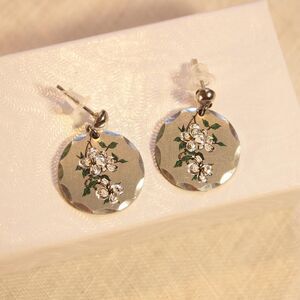 Coquette Genuine Pewter Disc Earrings with White Flower Design
